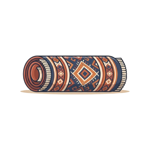 A cylindrical cushion roll with intricate geometric patterns in red, blue, and white