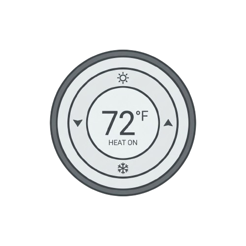 Thermostat screen displaying 72 degrees Fahrenheit with heat mode activated and sun and snowflake icons