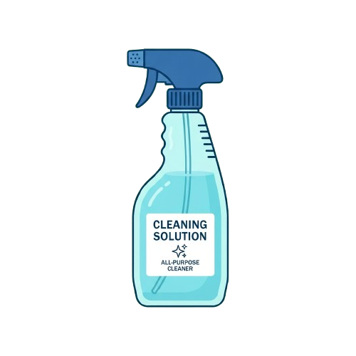 Illustration of a blue spray bottle labeled cleaning solution and all-purpose cleaner