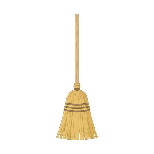 A beige broom with a wooden handle and straw-like bristles standing upright against a black background