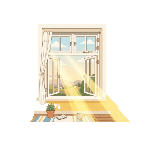 An open window with a view of a bright outdoor landscape, showing sunlight and greenery beyond a small balcony with a potted plant and books.