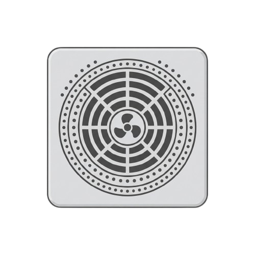 Square metal kitchen vent cover with a circular decorative grille pattern in silver and black tones