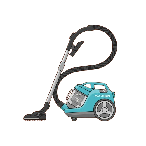 Blue upright vacuum cleaner with extended hose and brush attachment on black background