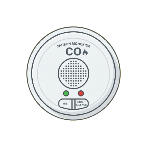 Round carbon monoxide detector showing CO symbol, test button lit green, and hush/silence button