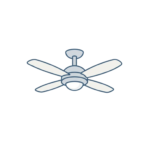 Illustration of a ceiling fan with four white blades and a light fixture in the center