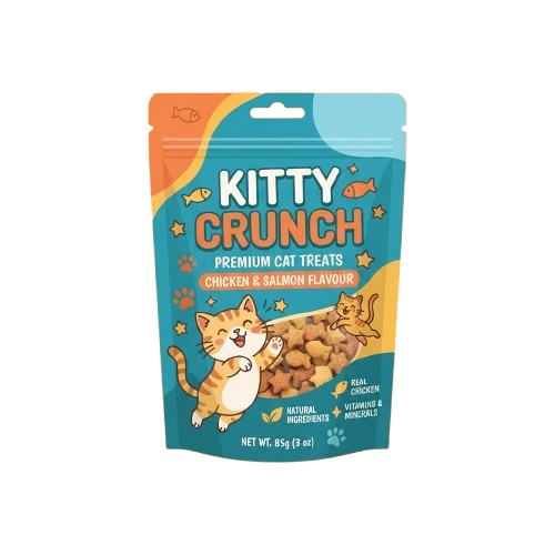 Bag of cat treats featuring chicken and salmon flavor with images of cats and fish on the packaging