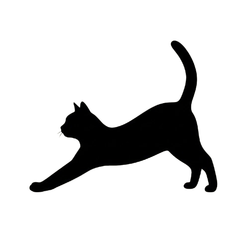 A black silhouette of a cat standing on four legs with a curved tail.