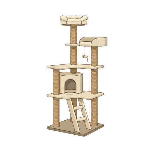 A multi-level cat tree featuring platforms, scratching posts, a small tunnel, and a hanging toy.
