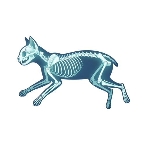 A transparent blue illustration of a cat skeleton running on a black background