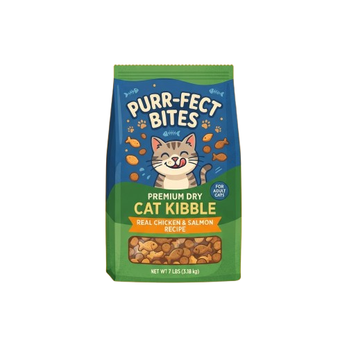 Bag of premium dry cat kibble featuring a cat illustration and real chicken and salmon ingredients