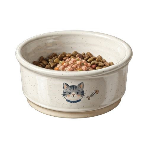 Ceramic pet bowl featuring a cat face and fish graphic, filled with dry kibble