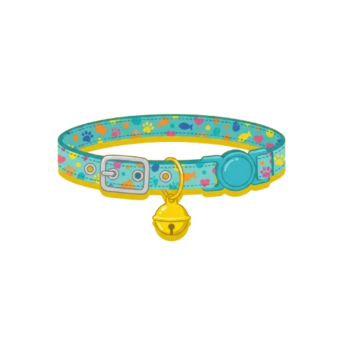 Bright dog collar featuring paw prints, bones, and fish patterns with a yellow bell and turquoise buckle