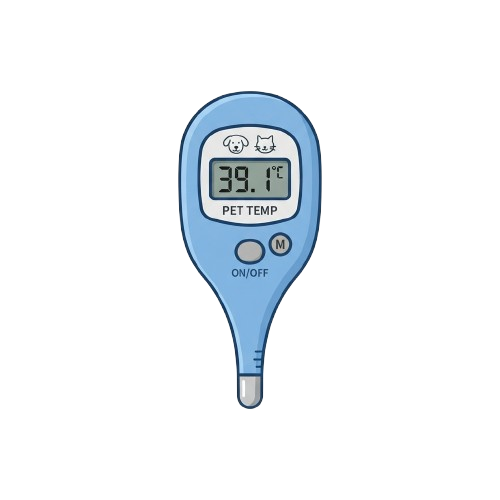 Digital pet thermometer displaying 39.1 degrees Celsius with animal icons and on/off button