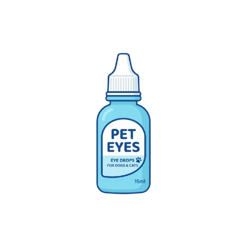 Blue bottle of pet eye drops labeled for dogs and cats with a 15ml capacity