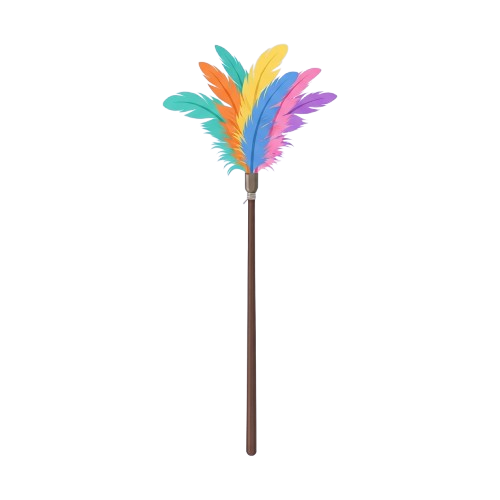 A feather duster with bright multicolored feathers in pink, blue, orange, and green against a black background