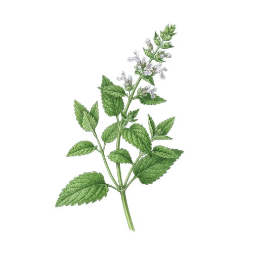 Illustration of a mint plant featuring green leaves and clusters of small purple flowers on a black background