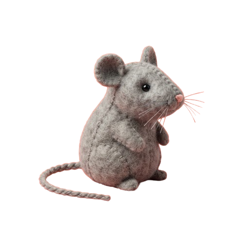 A gray plush toy mouse with pink nose and whiskers sitting on a black background