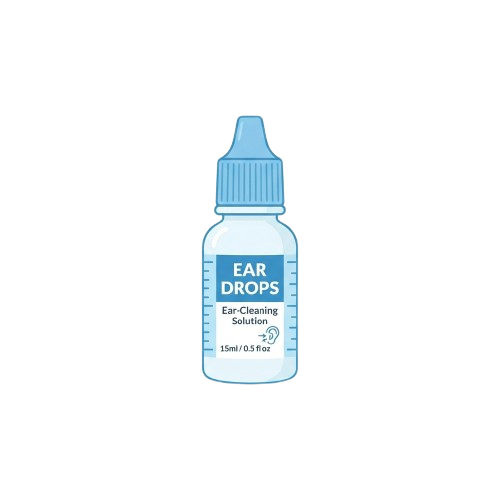 A small blue bottle labeled Ear Drops with Ear-Cleaning Solution and a volume of 15ml or 0.5 fluid ounces