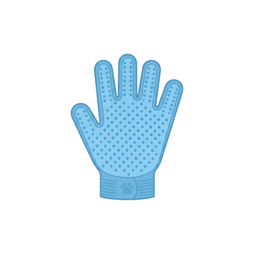 A blue rubber grooming glove designed for petting and massaging animals, featuring raised nubs on the palm and fingers