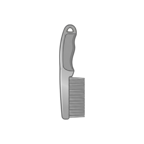 A gray plastic comb with wide teeth designed for detangling hair.