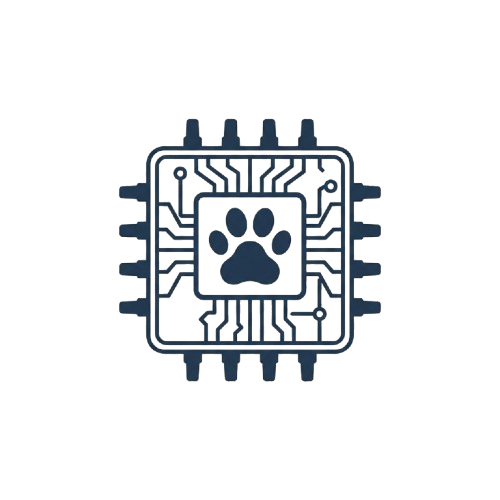 A stylized microprocessor chip with a dog paw print in the center