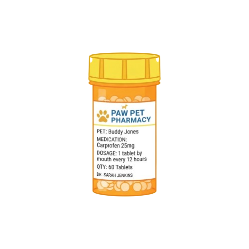 Orange prescription bottle labeled with pet medication details for Carprofen 25mg tablets