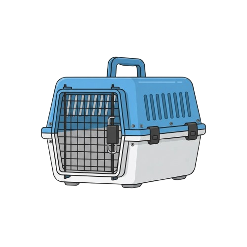 A blue and white pet carrier with a mesh door and handle, designed for transporting small animals.