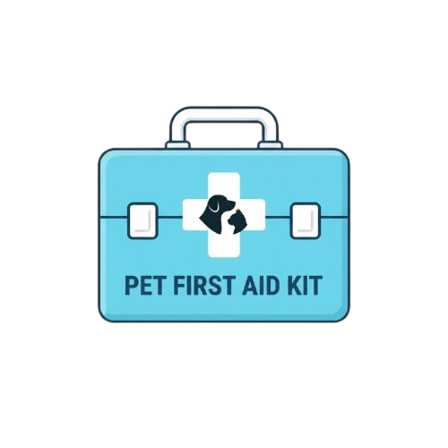 Blue toolbox with a paw print in a medical cross symbol labeled Pet First Aid Kit