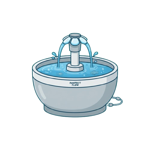 A stylized cartoon pet water fountain with flowing water streams and a small fish inside.