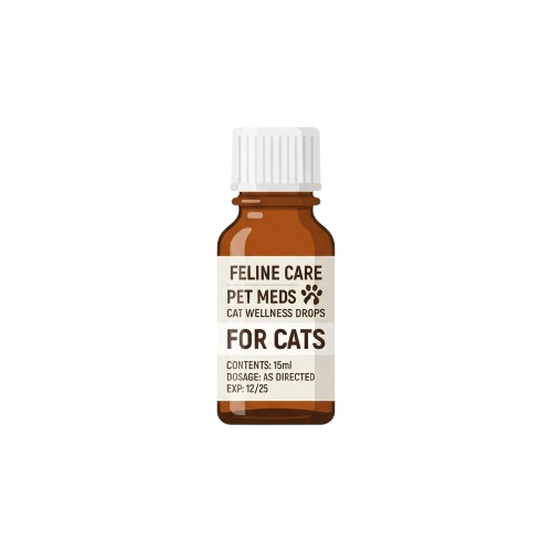 Bottle of cat wellness drops labeled for feline care with dosage and expiration details