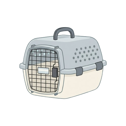 A light-colored plastic pet carrier with a mesh front door, ventilation holes, and a handle on top