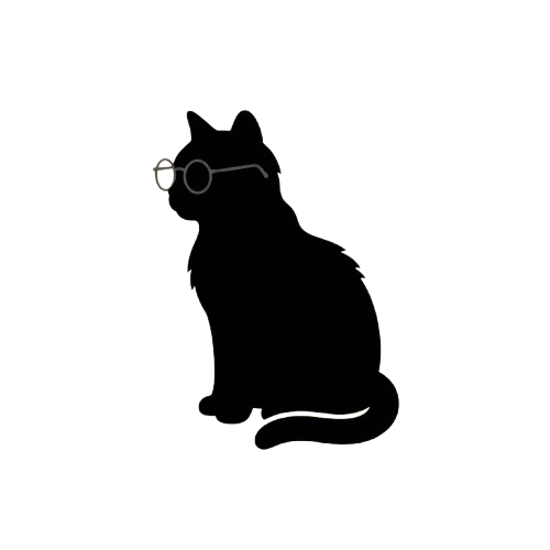 Black silhouette of a cat sitting and wearing round glasses