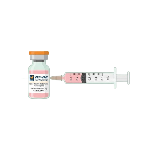 Vial and syringe containing veterinary cat vaccine with orange cap and pink markings on syringe