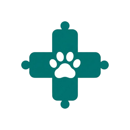 A teal puzzle piece with a white paw print in the center on a black background