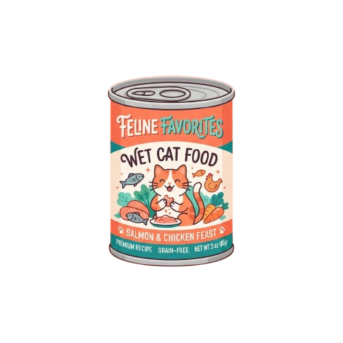 Illustration of a can of wet cat food featuring salmon and chicken, with a cat and fish graphics on the label