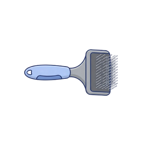 A blue and white ergonomic brush designed for pet grooming with fine metal bristles.