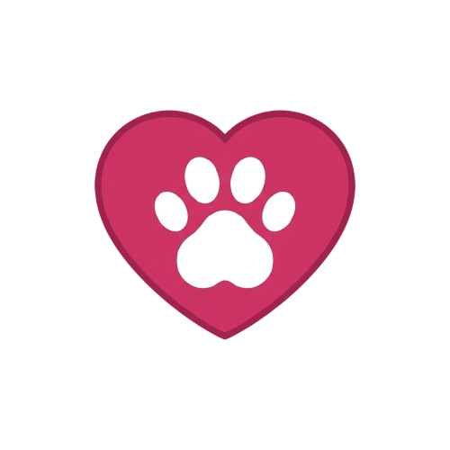 A pink heart shape containing a white dog paw print graphic