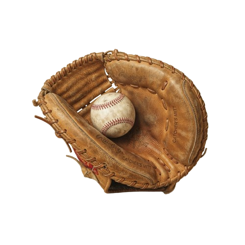 A brown leather baseball mitt holding a white stitched baseball inside its pocket