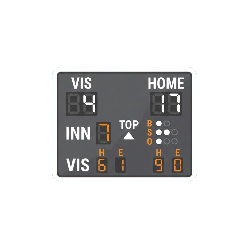 Baseball scoreboard displaying visitor team score 84, home team score 17, inning 7, and individual player hits and runs.