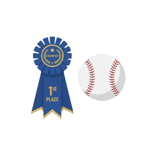 Blue first place ribbon with champion emblem and a baseball with red stitching