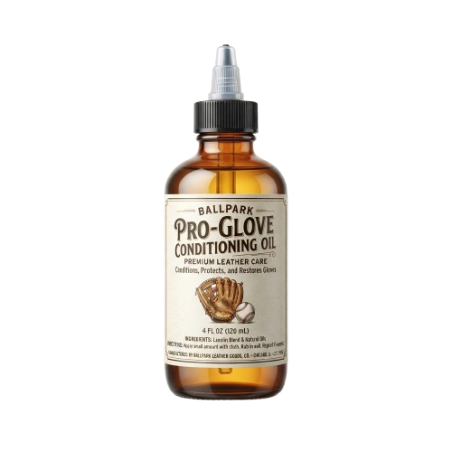 A bottle of baseball glove conditioning oil with a dropper cap and a baseball glove graphic on the label