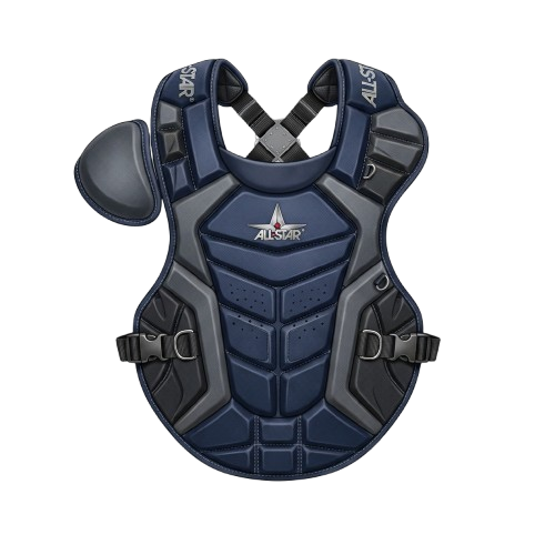 Blue baseball catcher's chest protector with shoulder pads and a throat guard