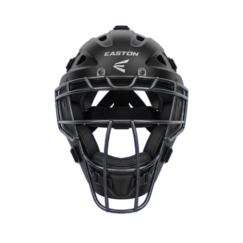 Black baseball catcher mask with blue accents viewed from the front
