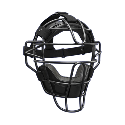 A black and blue baseball catcher mask with a metal frame and padding for head protection
