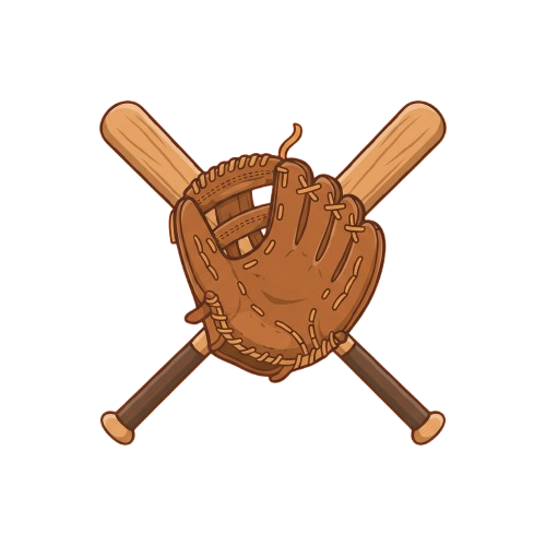 A brown baseball glove crossed by two wooden baseball bats against a black background