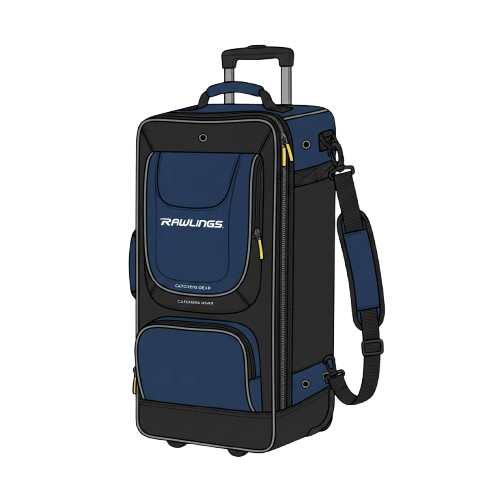 Black and blue rolling suitcase with multiple compartments and retractable handle