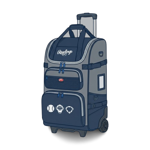 A rolling duffel bag designed for baseball teams, featuring team logos and baseball imagery on a dark background