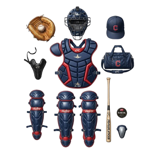 Baseball catcher gear including chest protector, shin guards, helmet, mitt, mask, knee savers, chest plate, bag, and bat