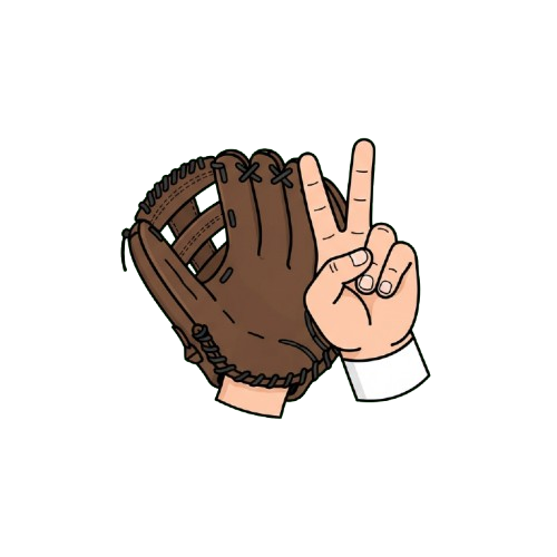 Illustration of a hand making a peace sign inside a brown baseball glove