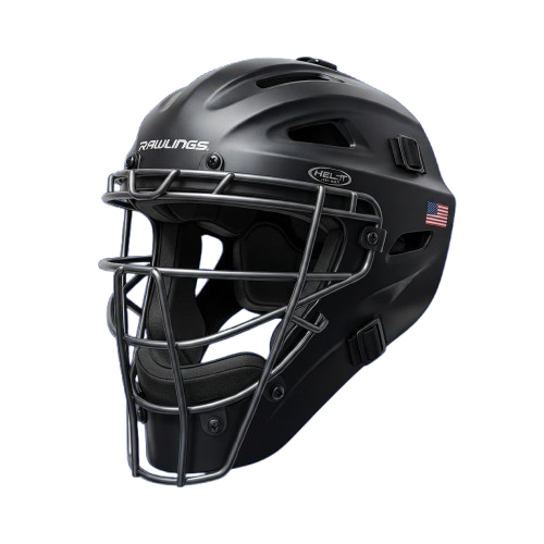 Black goalkeeper helmet with metal face guard and a small American flag sticker on the side